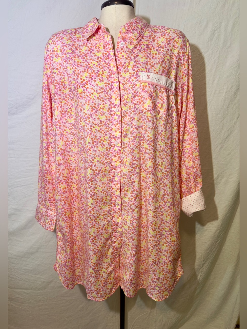 Victoria's Secret Floral Sleep Shirt Pink & Yellow Button-Front Nightgown NWT Lg